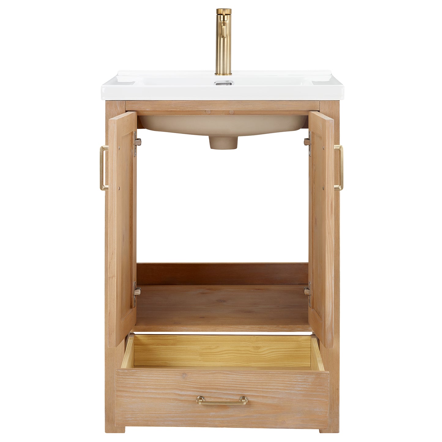 Vinnova, Gela 24" Single Sink Bath Vanity in Fir Wood Brown with Drop-In White Ceramic Basin