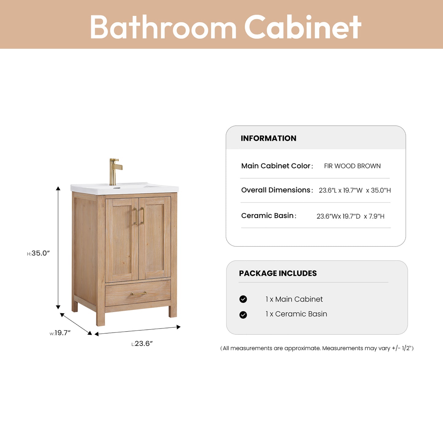 Vinnova, Gela 24" Single Sink Bath Vanity in Fir Wood Brown with Drop-In White Ceramic Basin