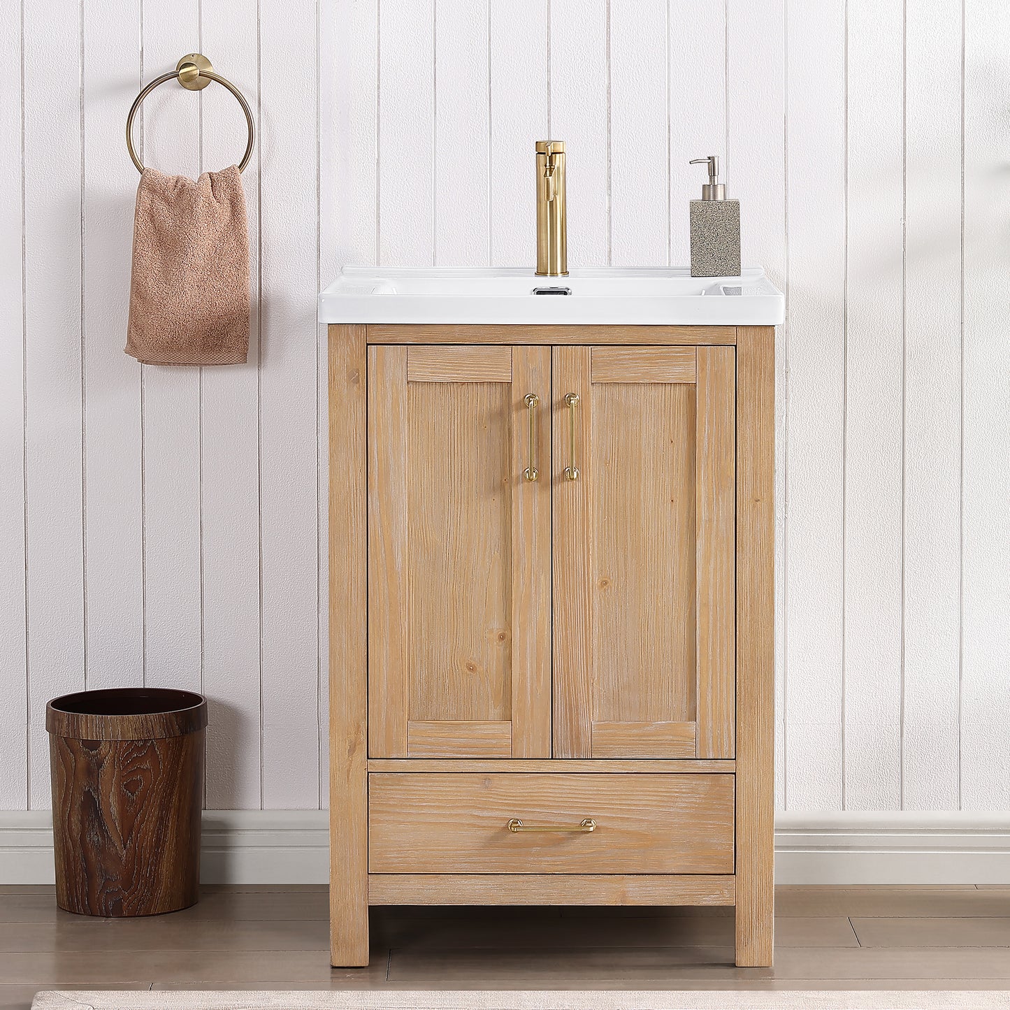 Vinnova, Gela 24" Single Sink Bath Vanity in Fir Wood Brown with Drop-In White Ceramic Basin