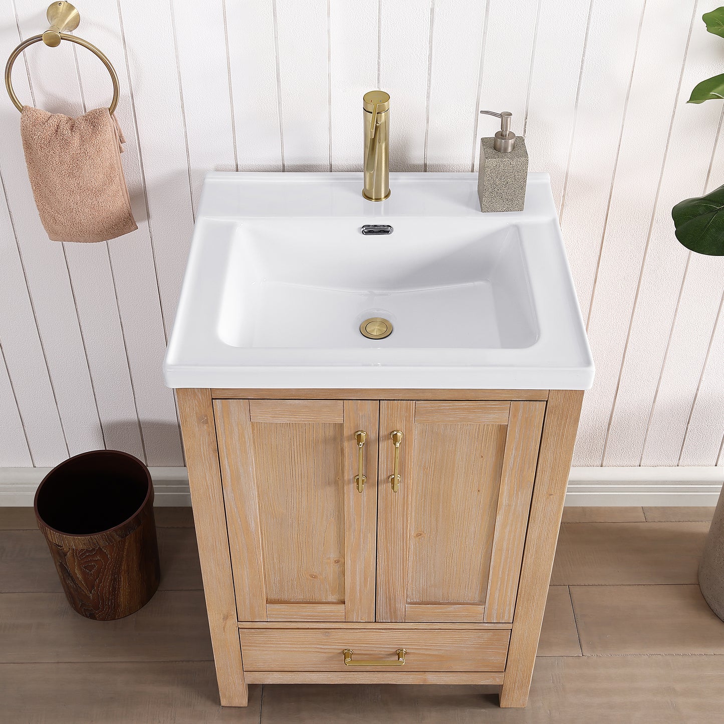 Vinnova, Gela 24" Single Sink Bath Vanity in Fir Wood Brown with Drop-In White Ceramic Basin