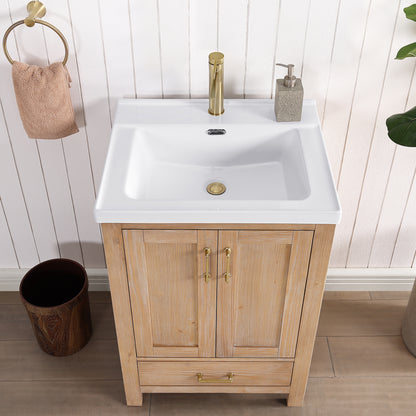 Vinnova, Gela 24" Single Sink Bath Vanity in Fir Wood Brown with Drop-In White Ceramic Basin