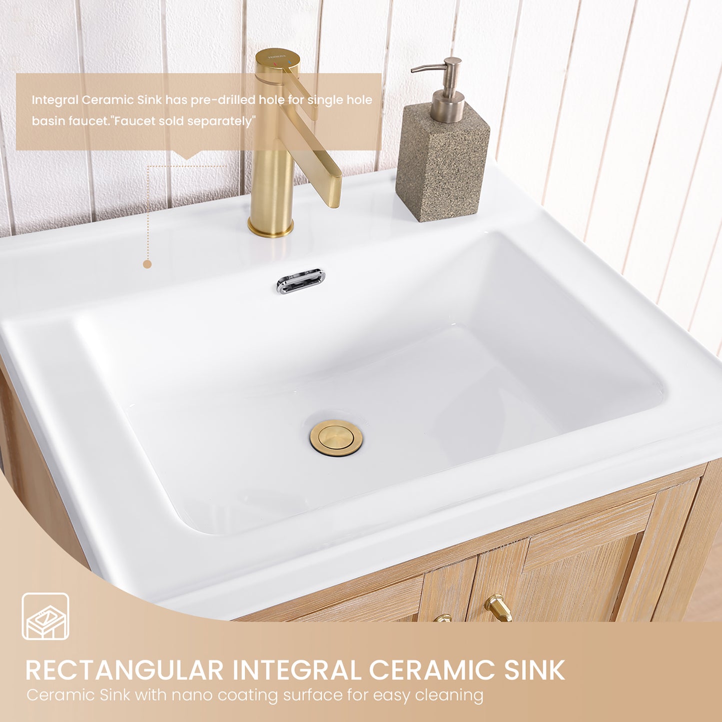 Vinnova, Gela 24" Single Sink Bath Vanity in Fir Wood Brown with Drop-In White Ceramic Basin