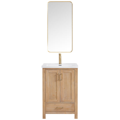 Vinnova, Gela 24" Single Sink Bath Vanity in Fir Wood Brown with Drop-In White Ceramic Basin and Mirror
