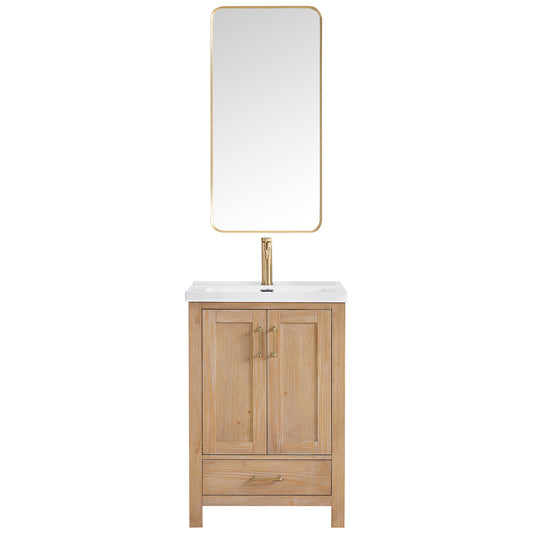 Vinnova, Gela 24" Single Sink Bath Vanity in Fir Wood Brown with Drop-In White Ceramic Basin and Mirror