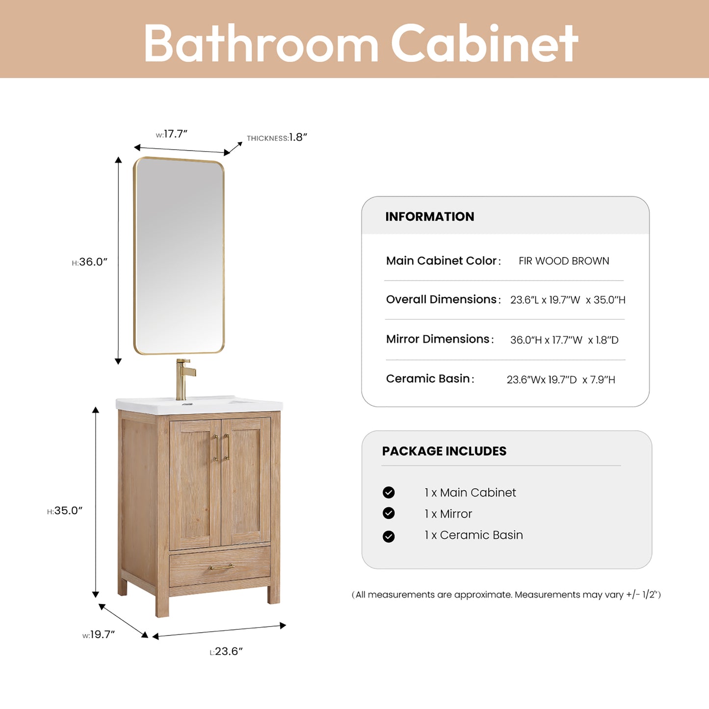 Vinnova, Gela 24" Single Sink Bath Vanity in Fir Wood Brown with Drop-In White Ceramic Basin and Mirror