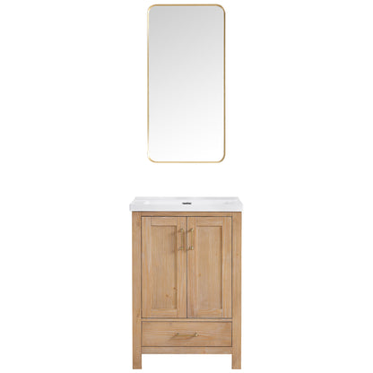 Vinnova, Gela 24" Single Sink Bath Vanity in Fir Wood Brown with Drop-In White Ceramic Basin and Mirror