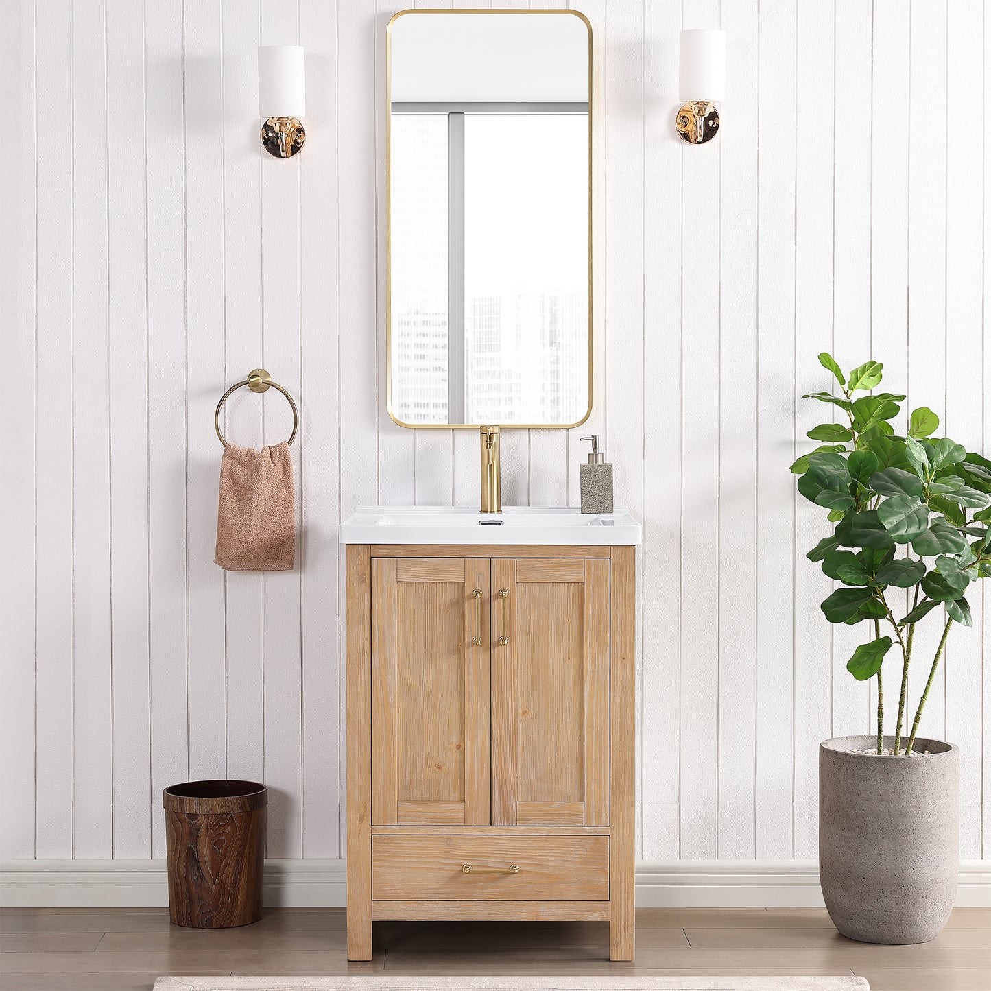 Vinnova, Gela 24" Single Sink Bath Vanity in Fir Wood Brown with Drop-In White Ceramic Basin and Mirror