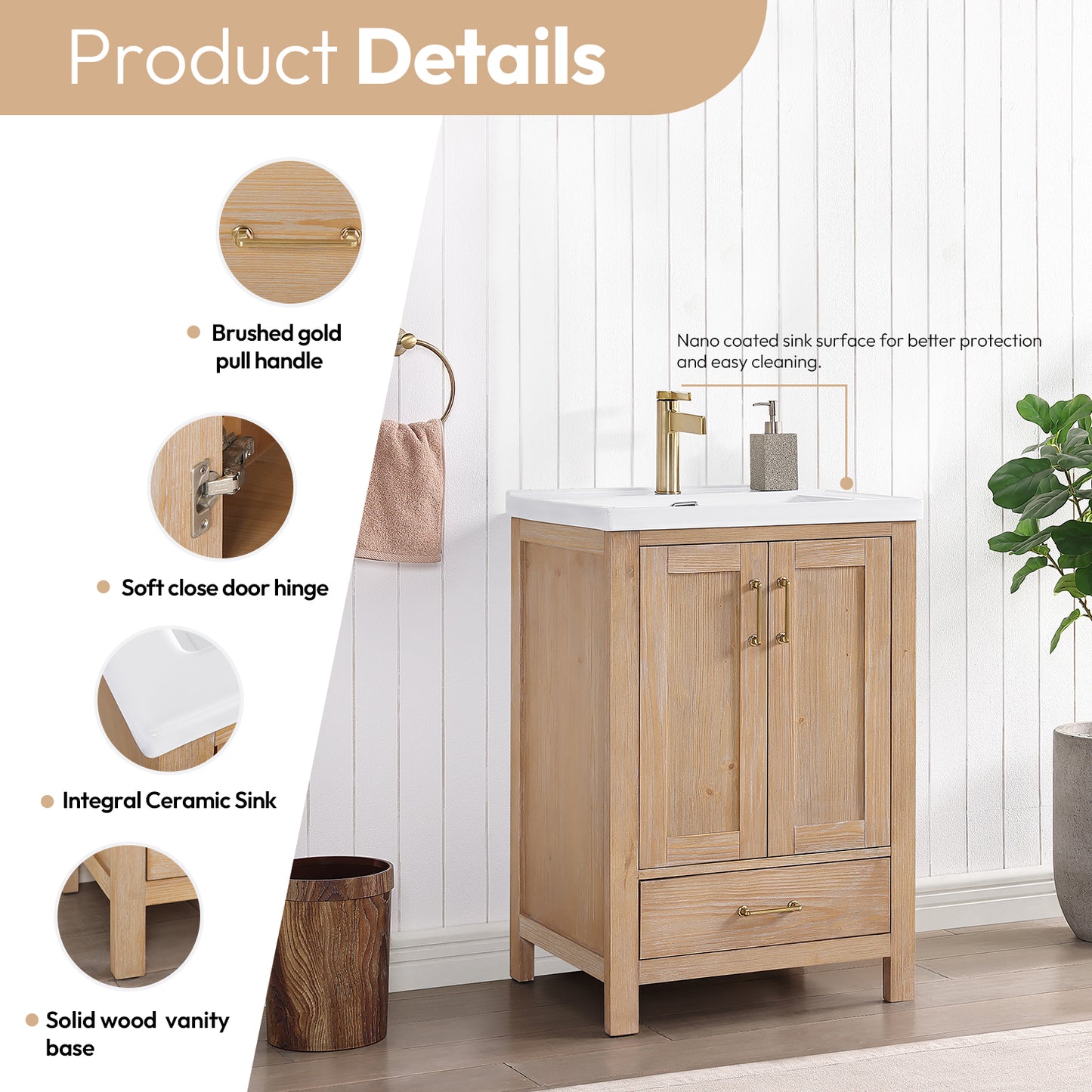 Vinnova, Gela 24" Single Sink Bath Vanity in Fir Wood Brown with Drop-In White Ceramic Basin and Mirror