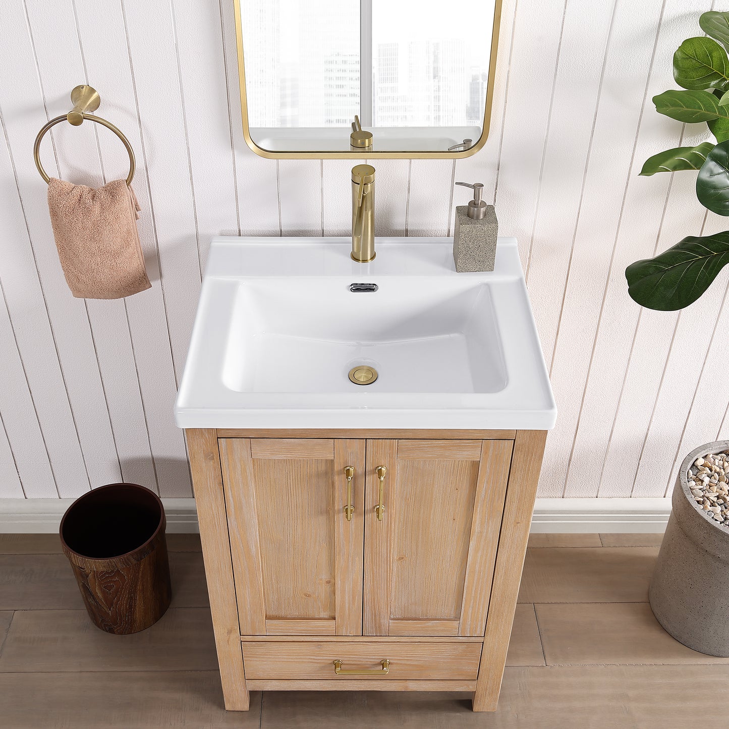 Vinnova, Gela 24" Single Sink Bath Vanity in Fir Wood Brown with Drop-In White Ceramic Basin and Mirror