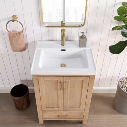 Vinnova, Gela 24" Single Sink Bath Vanity in Fir Wood Brown with Drop-In White Ceramic Basin and Mirror