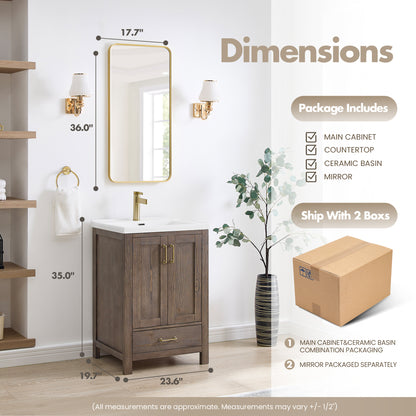 Vinnova, Gela 24" Single Sink Bath Vanity in Spruce Vintage Brown with Drop-In White Ceramic Basin and Mirror