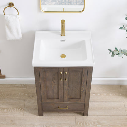Vinnova, Gela 24" Single Sink Bath Vanity in Spruce Vintage Brown with Drop-In White Ceramic Basin and Mirror