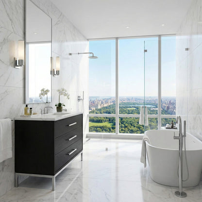 Rift White Oak bath vanity in Classic Black, styled bathroom