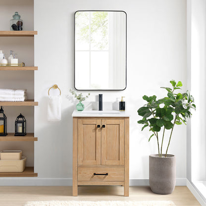Vinnova, Shannon 24" Single Vanity in Fir Wood Brown and Composite Carrara White Stone Countertop