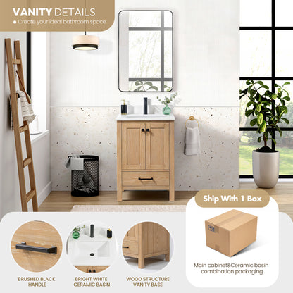 Vinnova, Shannon 24" Single Vanity in Fir Wood Brown and Composite Carrara White Stone Countertop