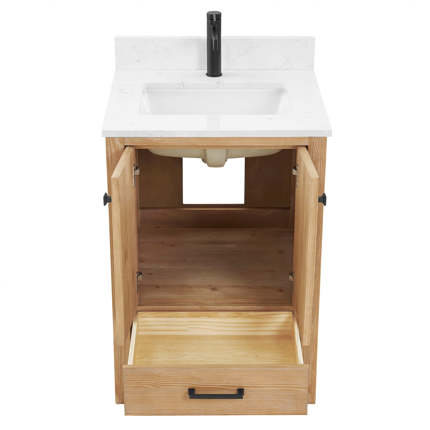 Vinnova, Shannon 24" Single Vanity in Fir Wood Brown and Composite Carrara White Stone Countertop