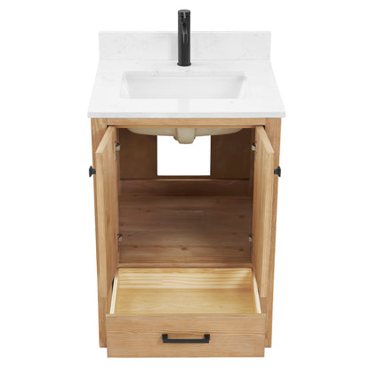 Vinnova, Shannon 24" Single Vanity in Fir Wood Brown and Composite Carrara White Stone Countertop