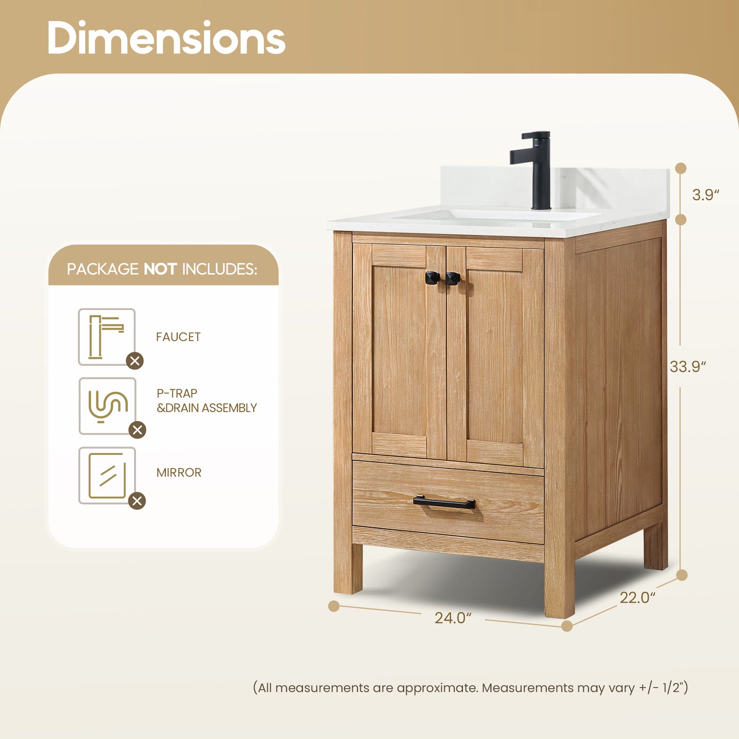 Vinnova, Shannon 24" Single Vanity in Fir Wood Brown and Composite Carrara White Stone Countertop