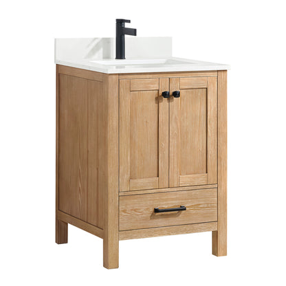 Vinnova, Shannon 24" Single Vanity in Fir Wood Brown and Composite Carrara White Stone Countertop