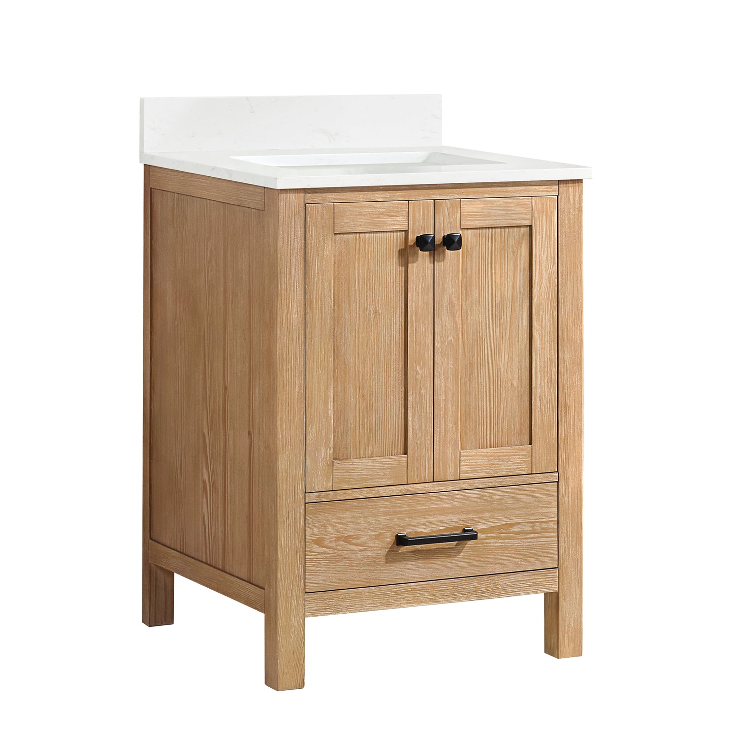 Vinnova, Shannon 24" Single Vanity in Fir Wood Brown and Composite Carrara White Stone Countertop
