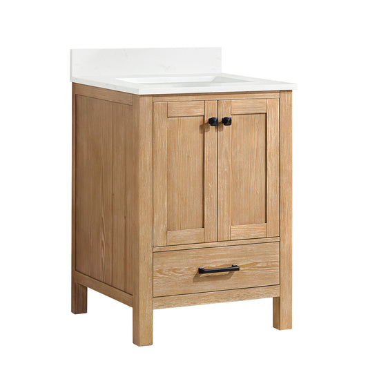 Vinnova, Shannon 24" Single Vanity in Fir Wood Brown and Composite Carrara White Stone Countertop