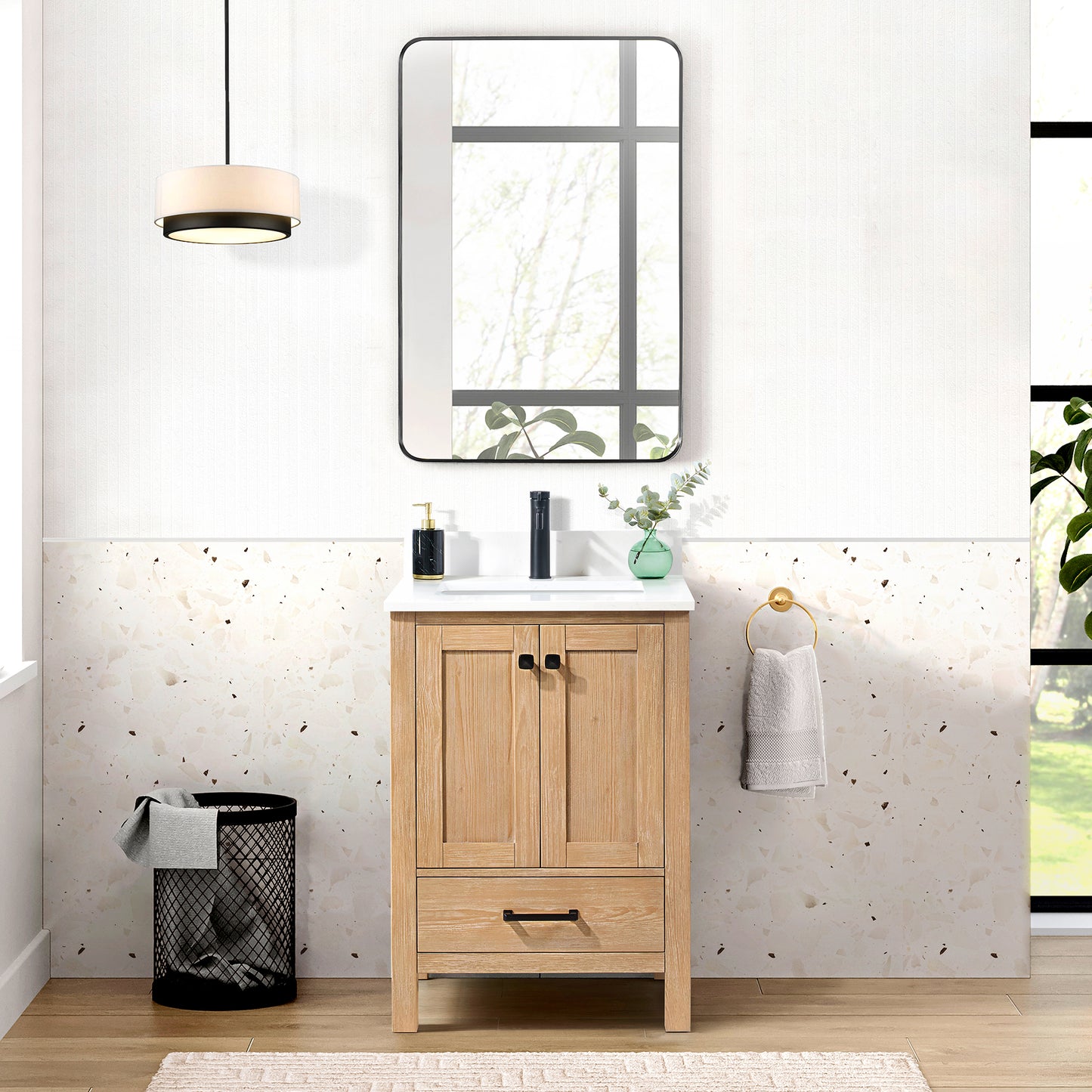 Vinnova, Shannon 24" Single Vanity in Fir Wood Brown and Composite Carrara White Stone Countertop