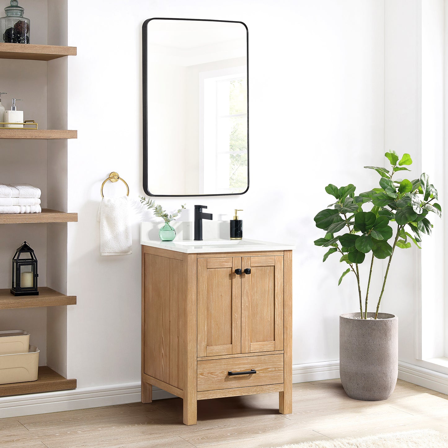 Vinnova, Shannon 24" Single Vanity in Fir Wood Brown and Composite Carrara White Stone Countertop