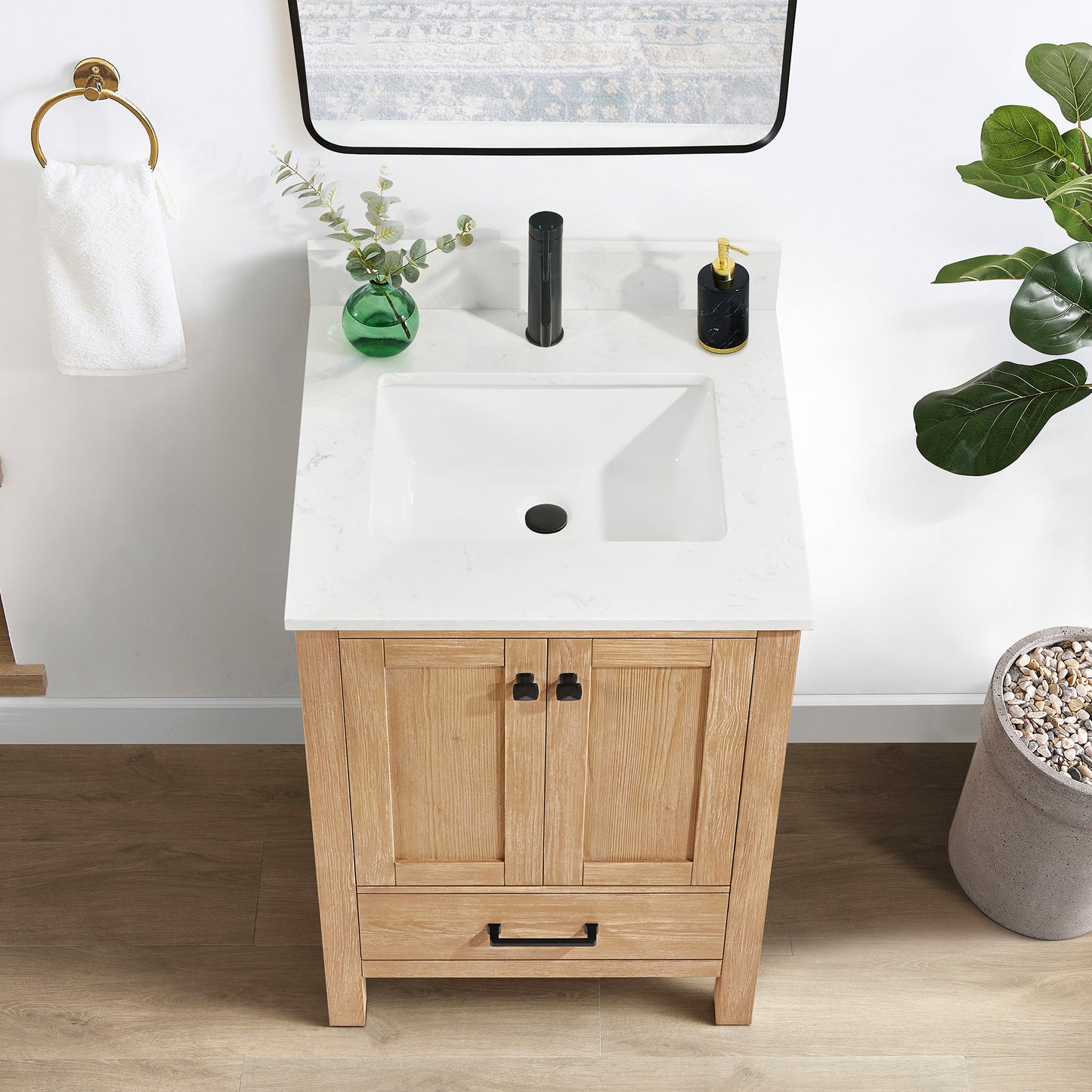 Vinnova, Shannon 24" Single Vanity in Fir Wood Brown and Composite Carrara White Stone Countertop