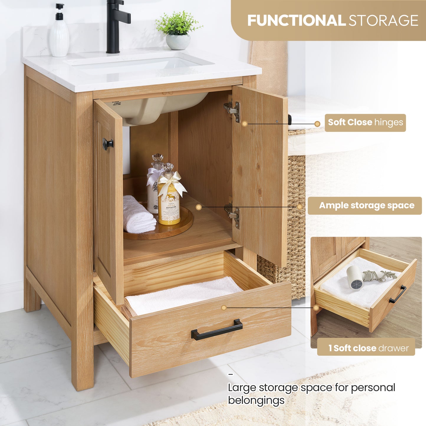 Vinnova, Shannon 24" Single Vanity in Fir Wood Brown and Composite Carrara White Stone Countertop