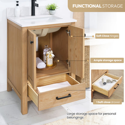 Vinnova, Shannon 24" Single Vanity in Fir Wood Brown and Composite Carrara White Stone Countertop