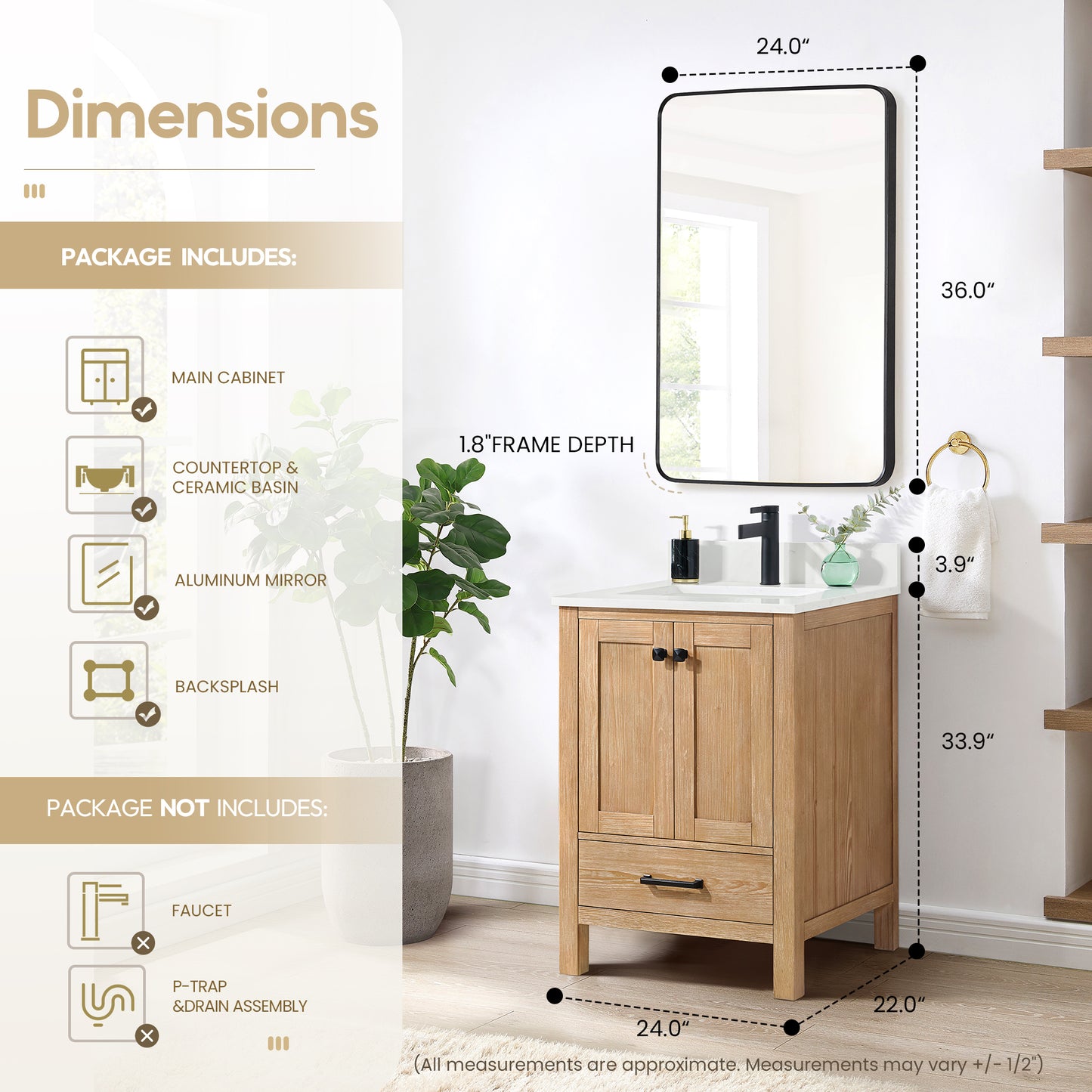 Vinnova, Shannon 24" Single Vanity in Fir Wood Brown and Composite Carrara White Stone Countertop and Mirror