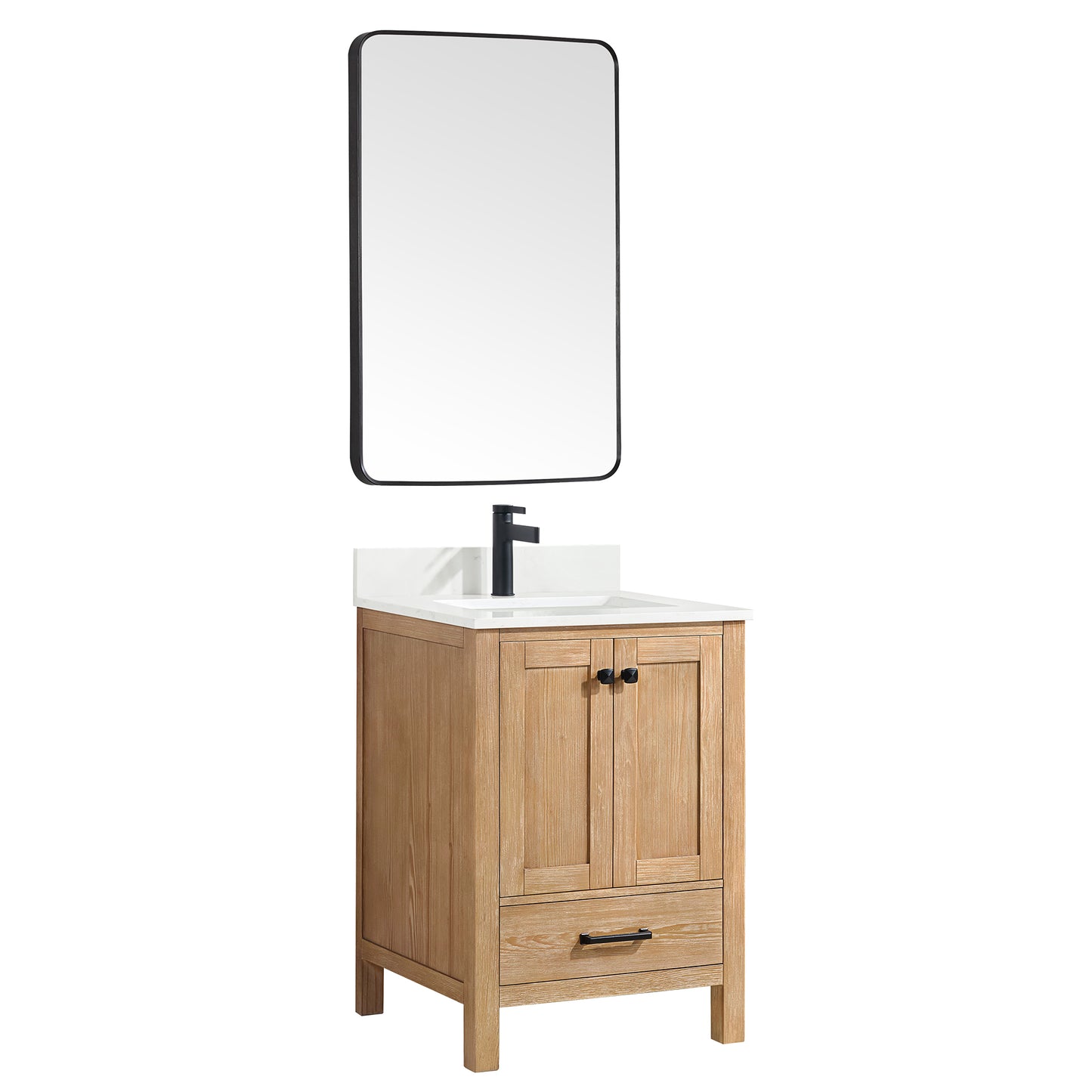 Vinnova, Shannon 24" Single Vanity in Fir Wood Brown and Composite Carrara White Stone Countertop and Mirror