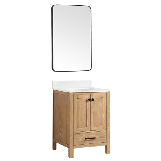 Vinnova, Shannon 24" Single Vanity in Fir Wood Brown and Composite Carrara White Stone Countertop and Mirror