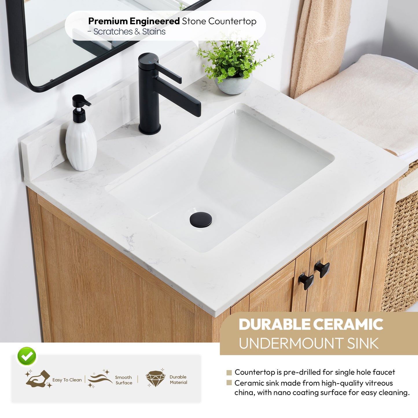 Vinnova, Shannon 24" Single Vanity in Fir Wood Brown and Composite Carrara White Stone Countertop and Mirror