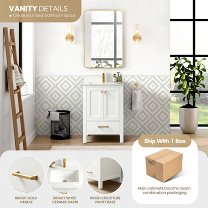 Vinnova, Shannon 24" Single Vanity in White and Composite White Carrara Stone Countertop and Mirror
