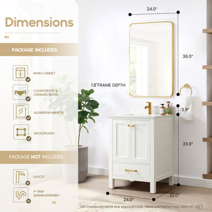 Vinnova, Shannon 24" Single Vanity in White and Composite White Carrara Stone Countertop and Mirror