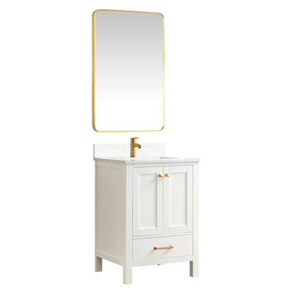 Vinnova, Shannon 24" Single Vanity in White and Composite White Carrara Stone Countertop and Mirror