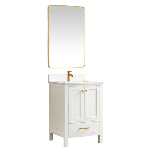 Vinnova, Shannon 24" Single Vanity in White and Composite White Carrara Stone Countertop and Mirror