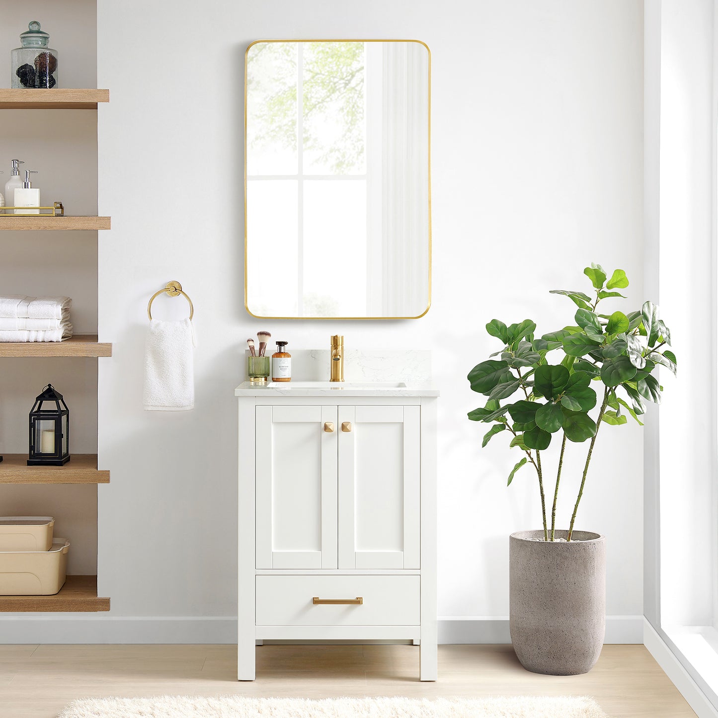 Vinnova, Shannon 24" Single Vanity in White and Composite White Carrara Stone Countertop and Mirror