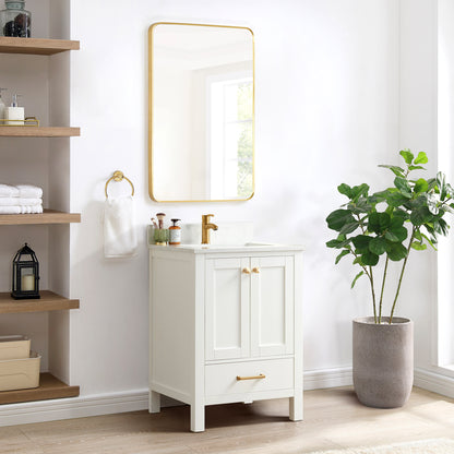 Vinnova, Shannon 24" Single Vanity in White and Composite White Carrara Stone Countertop and Mirror