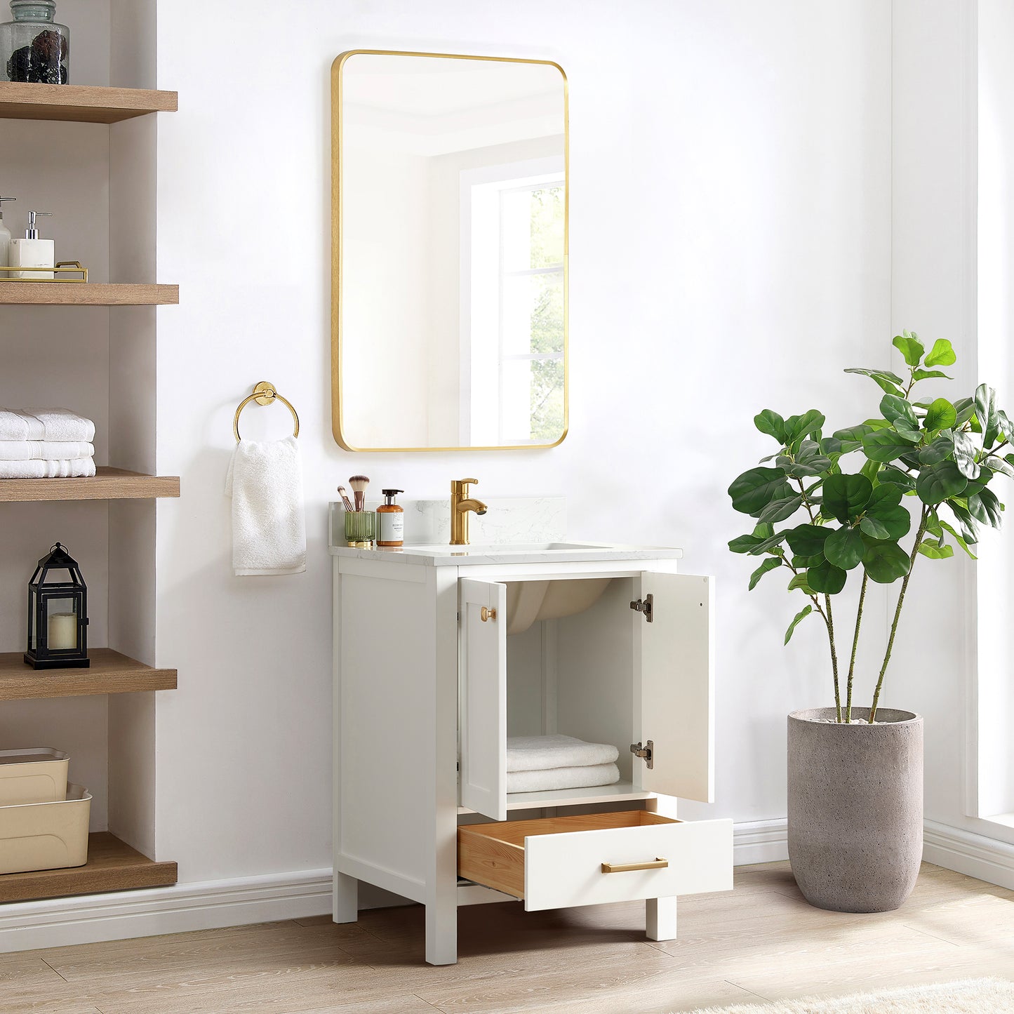 Vinnova, Shannon 24" Single Vanity in White and Composite White Carrara Stone Countertop and Mirror