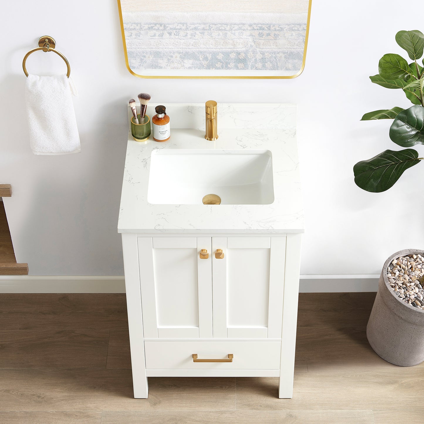 Vinnova, Shannon 24" Single Vanity in White and Composite White Carrara Stone Countertop and Mirror