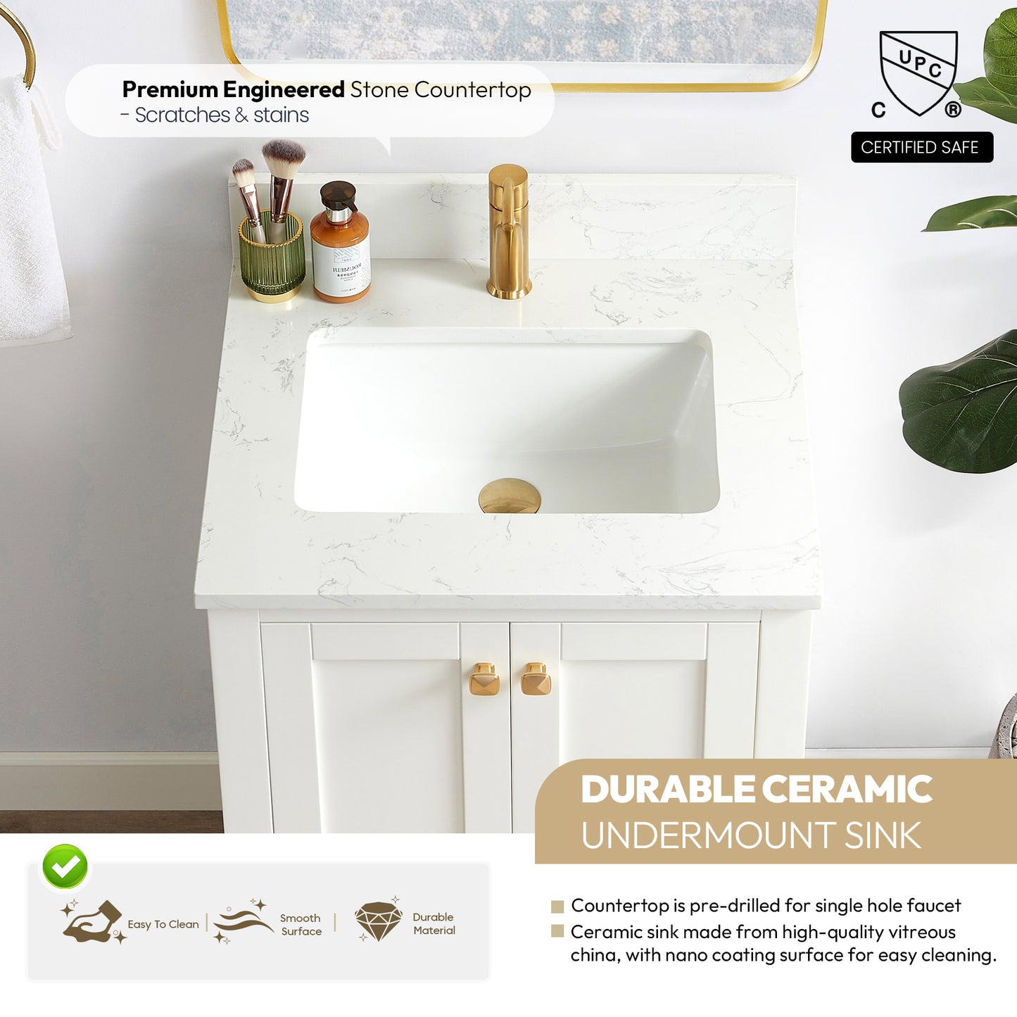 Vinnova, Shannon 24" Single Vanity in White and Composite White Carrara Stone Countertop and Mirror