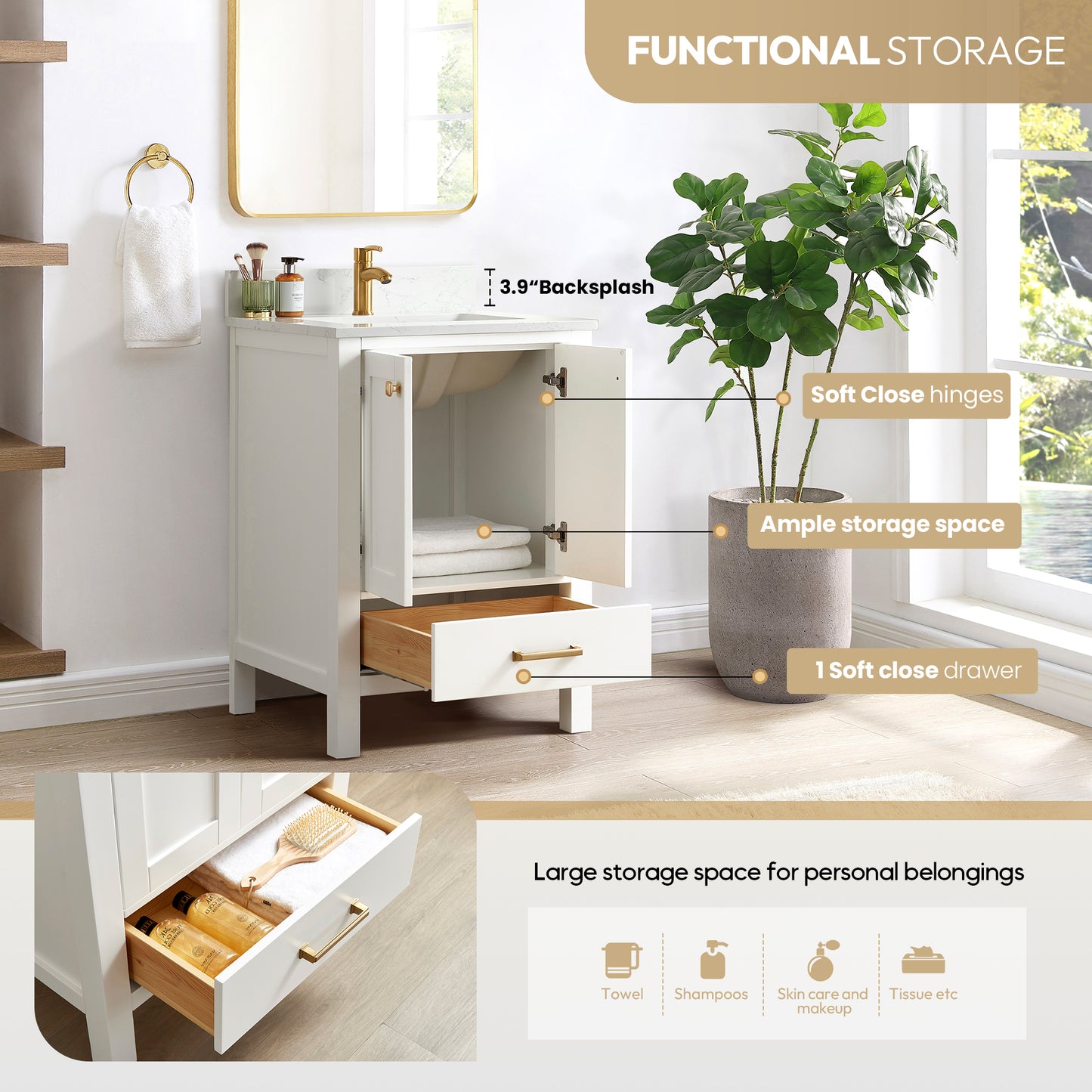 Vinnova, Shannon 24" Single Vanity in White and Composite White Carrara Stone Countertop and Mirror
