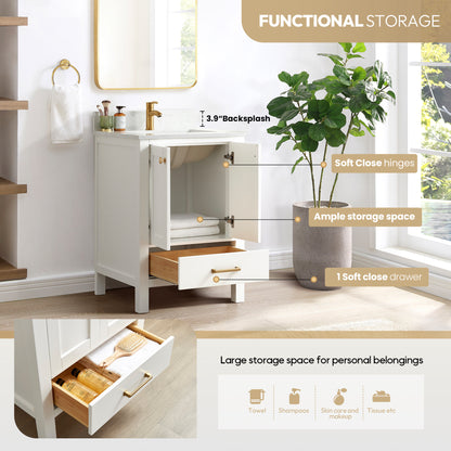 Vinnova, Shannon 24" Single Vanity in White and Composite White Carrara Stone Countertop and Mirror