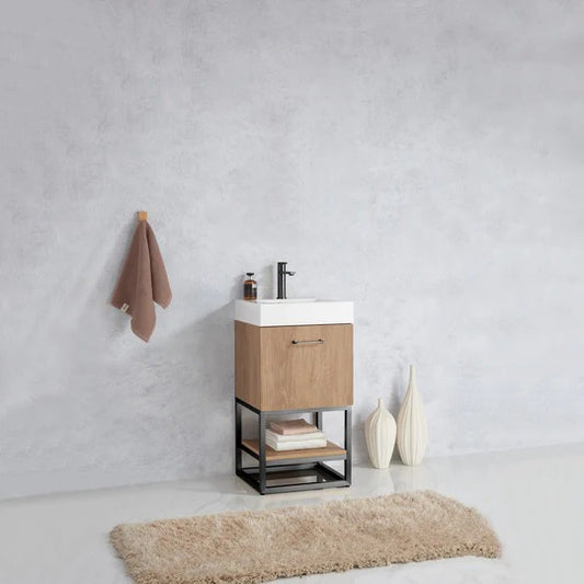 Vinnova, Alistair 18B" Single Sink Bath Vanity in North American Oak with White Grain Stone Countertop