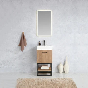 Vinnova, Alistair 18B" Single Sink Bath Vanity in North American Oak with White Grain Stone Countertop