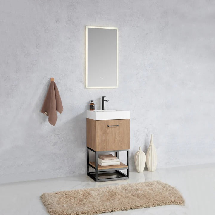 Vinnova, Alistair 18B" Single Sink Bath Vanity in North American Oak with White Grain Stone Countertop