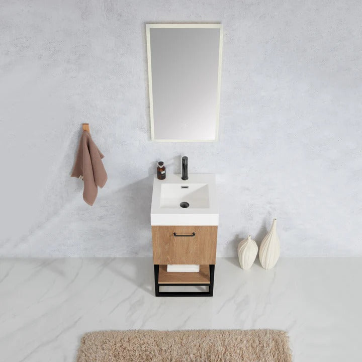 Vinnova, Alistair 18B" Single Sink Bath Vanity in North American Oak with White Grain Stone Countertop