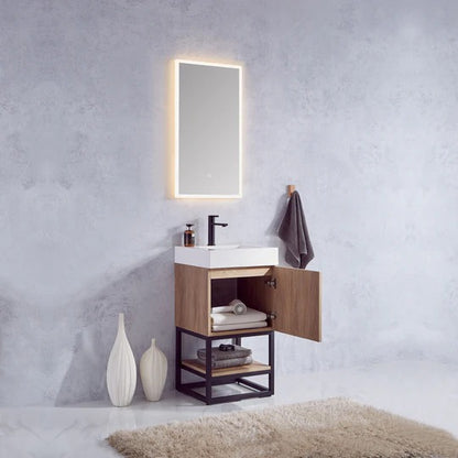 Vinnova, Alistair 18B" Single Sink Bath Vanity in North American Oak with White Grain Stone Countertop
